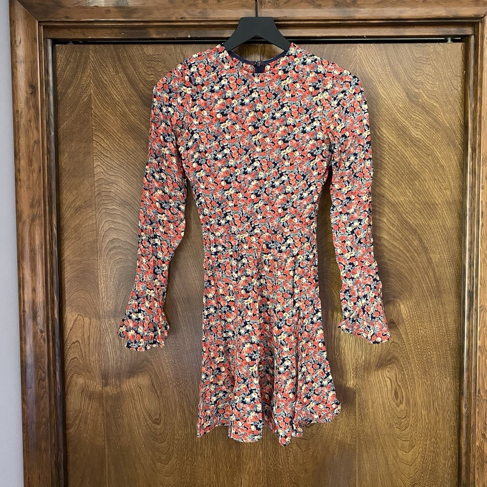 Reformation XS Floral Mini Dress Bell Long Sleeve Red Black Yellow Ruffle Flowy